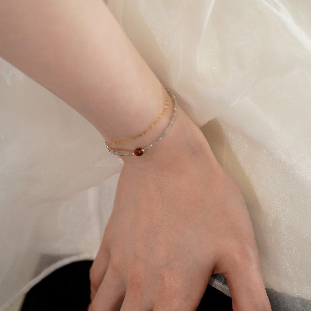 Original light luxury natural moonstone casual red agate bracelet, niche, high-end, exquisite layered 14k gold-plated bracelet