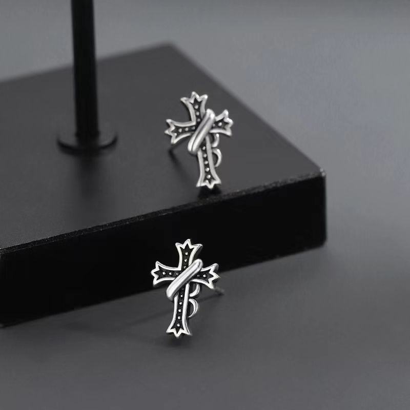 925 Silver Stud Earrings Men's Trendy Earrings Boys' Design Sense Niche Cross Trend Personality Single Cool Men's Earrings