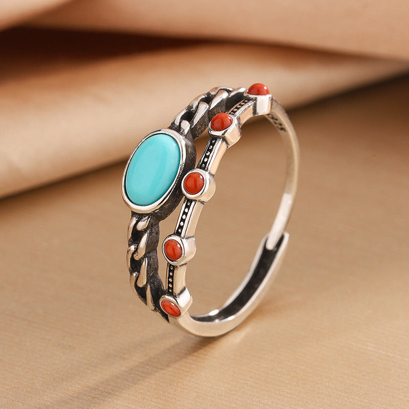 S925 Silver Double-Layer Agate & Turquoise Ring – New Chinese Luxury Style