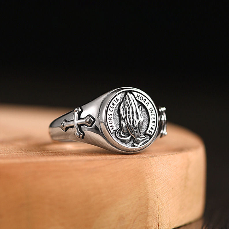 S925 Sterling Silver New Prayer Hand Ring Men's Trendy Personality Creative Retro Fashion Gift Boyfriend Open Ring