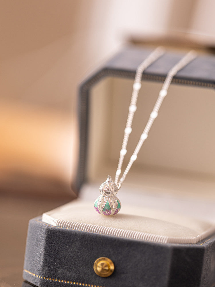 Qing'ai Chenglu Pure Silver 999 Enamel Six-Character Mantra Gourd Necklace Clavicle Chain Vintage Niche Design