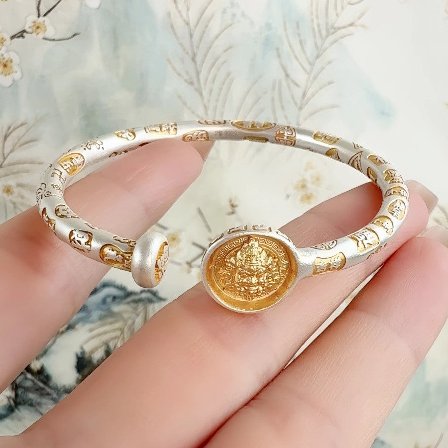 Pure silver 9999 gold yellow auspicious words new Chinese style open sterling silver bracelet for women