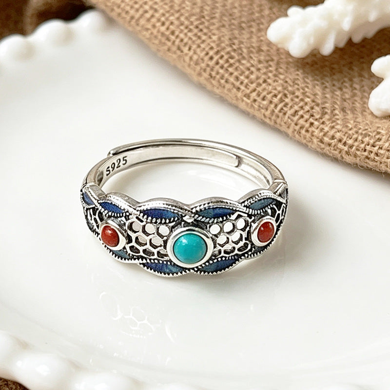 Yunchaoxuan Cross-border New S925 Pure Silver Turquoise South Red Ring for Women, Vintage Artistic Design Sensibility INS Factory