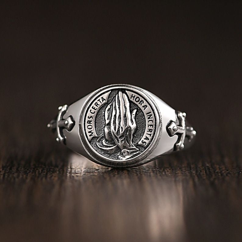 S925 Sterling Silver New Prayer Hand Ring Men's Trendy Personality Creative Retro Fashion Gift Boyfriend Open Ring