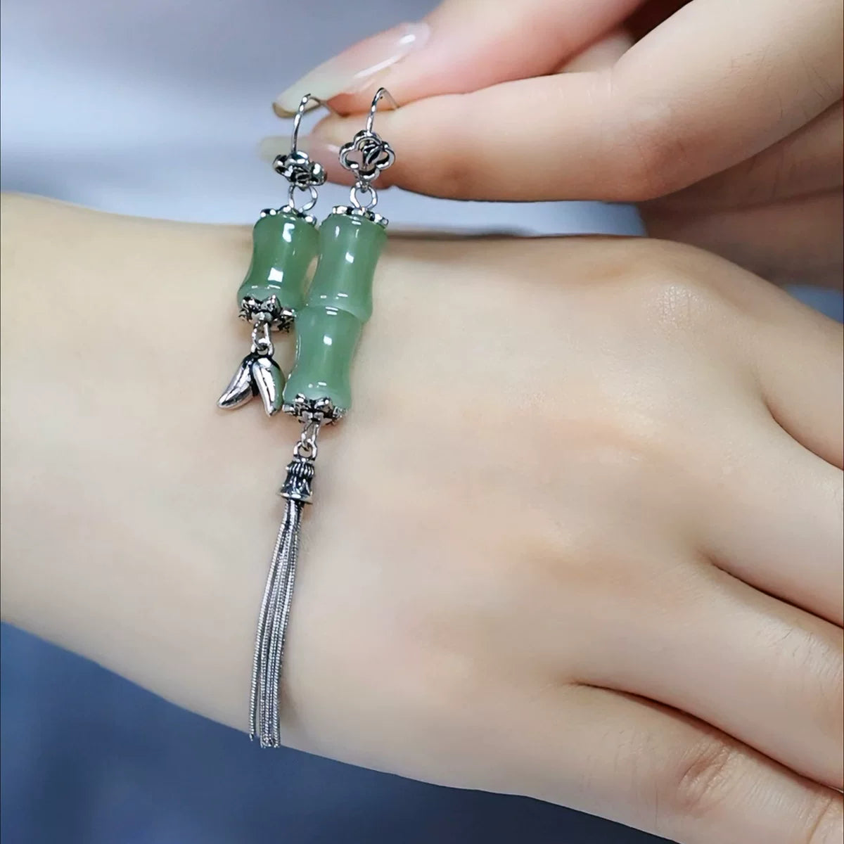 925 silver retro new Chinese bamboo joints high rise asymmetrical earrings and Tian Qingyu female niche design high-end sense