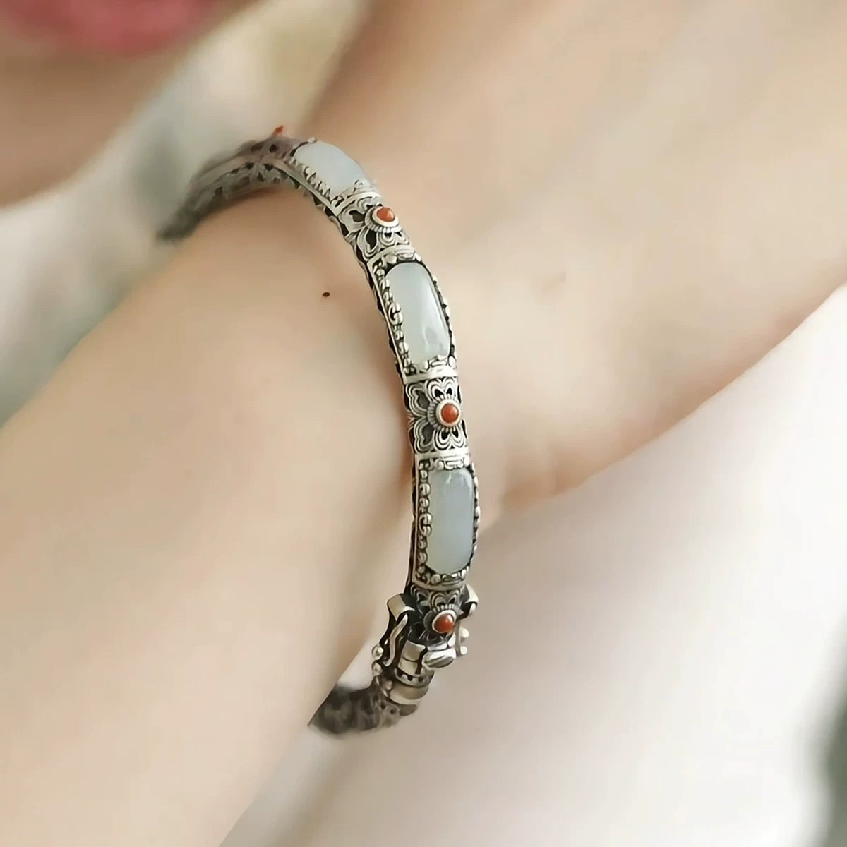 925 Silver Hetian Jade & Nanhong Bracelet – New Chinese Filigree Design