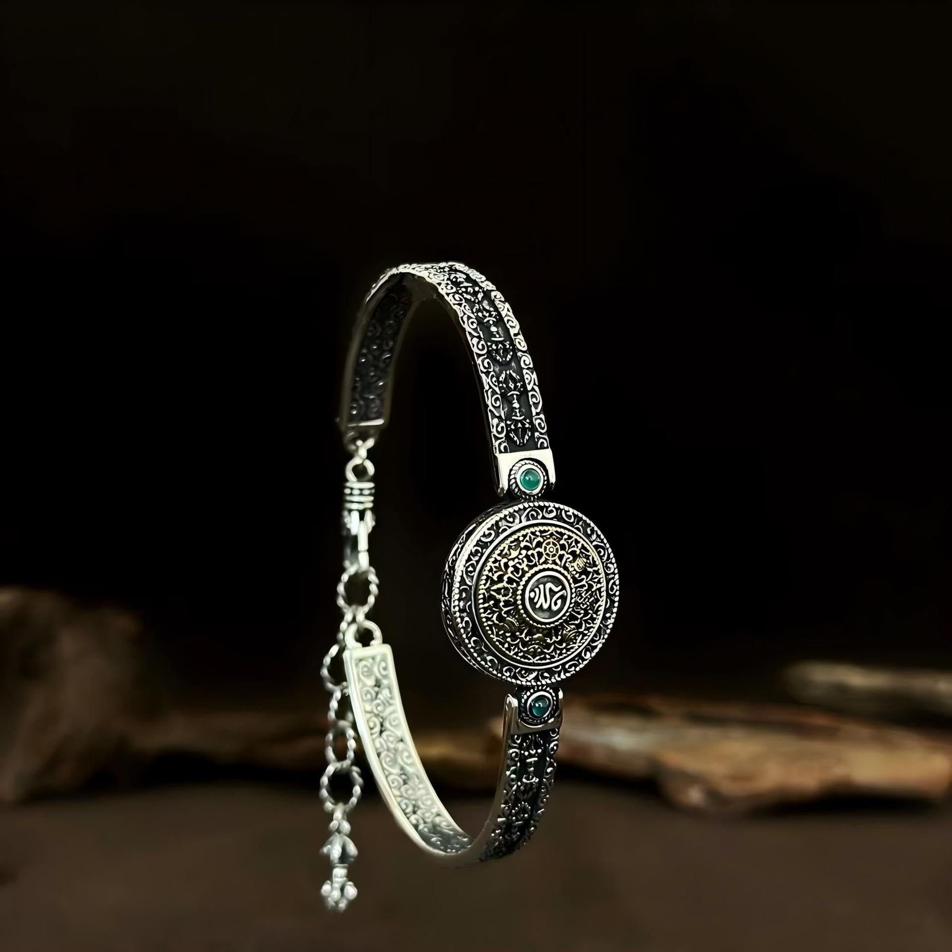 S925 Pure Silver Vintage Chinese Style Green Tara Seed Character Bracelet Heavy Industry Eight-Treasure Compass Versatile High-End Niche Look
