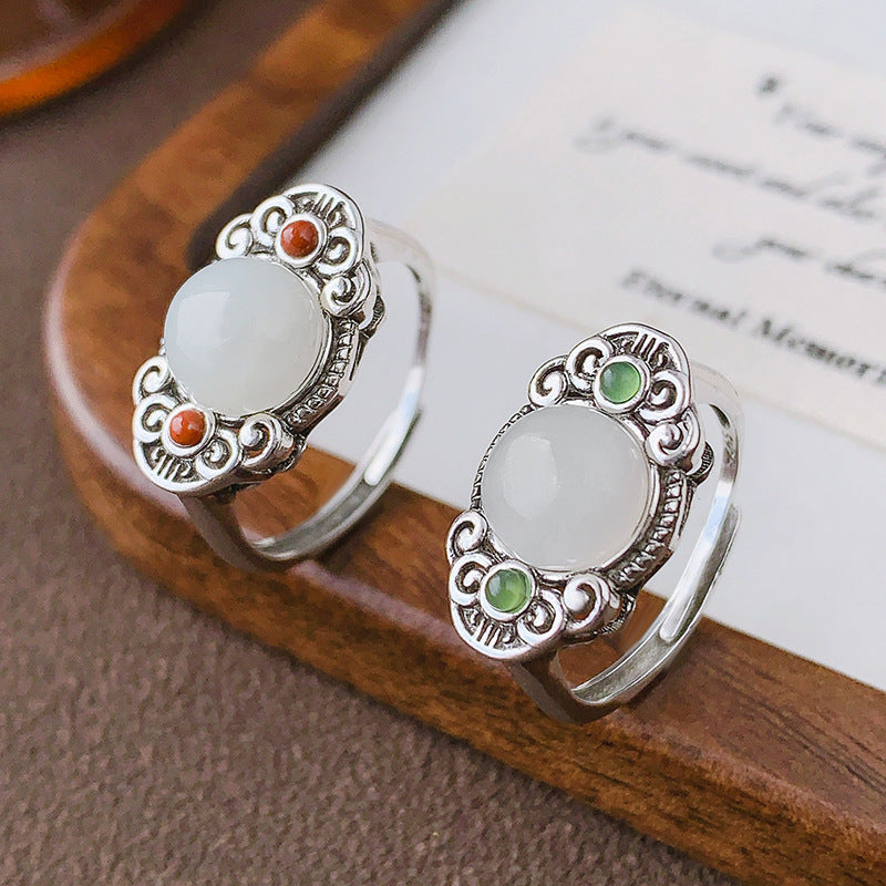 Yinyun S925 silver-inlaid natural Hetian jade, jade, southern red agate, ruyi round new Chinese-style ring