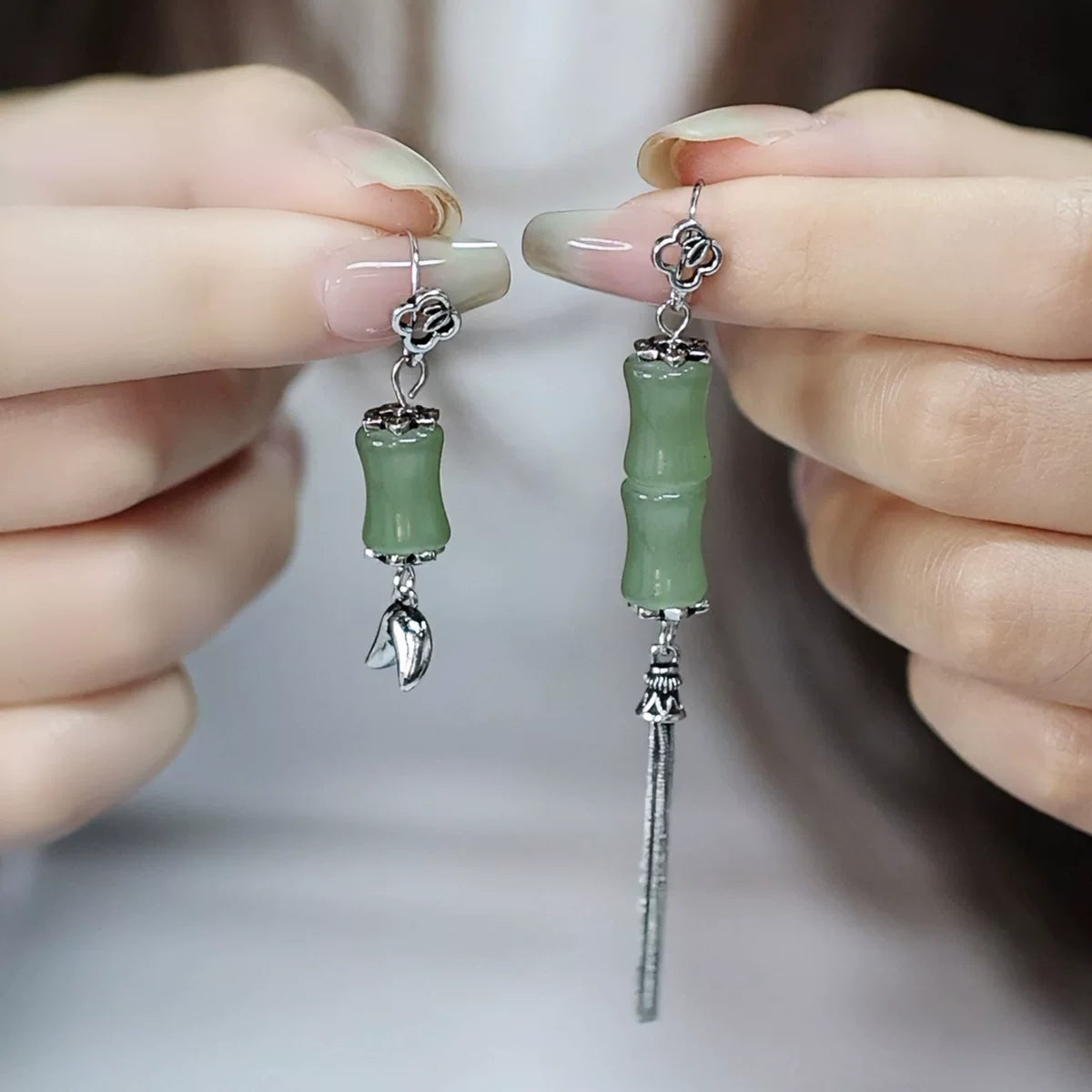 925 silver retro new Chinese bamboo joints high rise asymmetrical earrings and Tian Qingyu female niche design high-end sense
