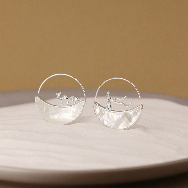 "To Dunhuang" Mountain Lin Earrings S925 sterling silver white shell new Chinese crescent spring elegant original design