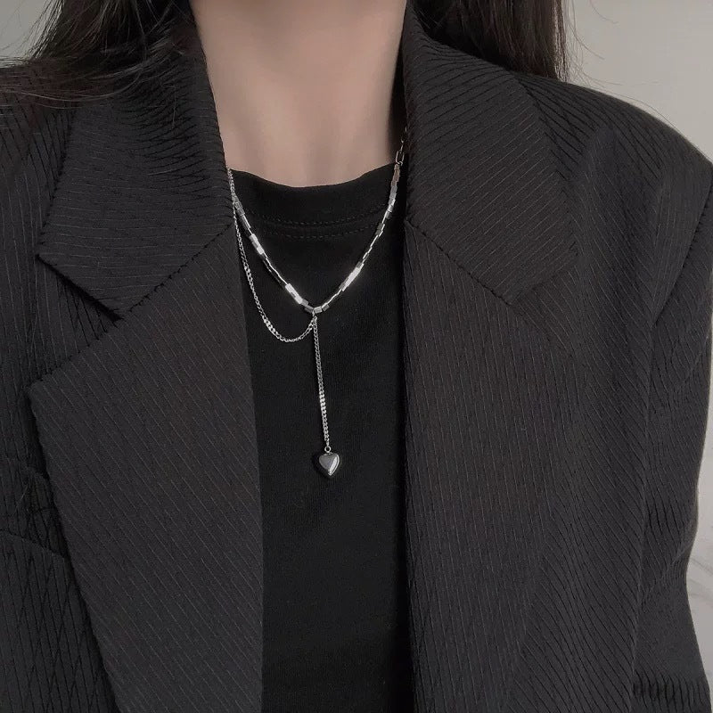 S925 sterling silver 3D square heart necklace for women, hip-hop cool style, versatile, niche design sweater chain