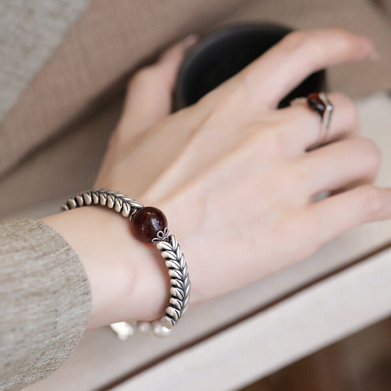 925 Silver Vintage New Chinese Wheat Ear Lucky Bag Blood Amber Bracelet Wealth Attracting Blessings Ethnic Style Bracelet Ring, Niche Women