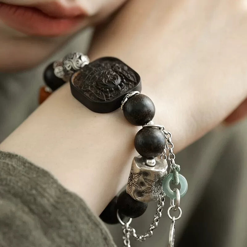 925 silver retro new Chinese mountain ghost brand ebony agarwood zakiram bungee rope bracelet high-end