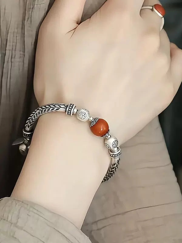 Vintage 925 Silver South Red Wheat Ear Bracelet, New Chinese Niche Curved Tube Copper Coin 'Fu' Beads, Sutra Text High-End Bracelet