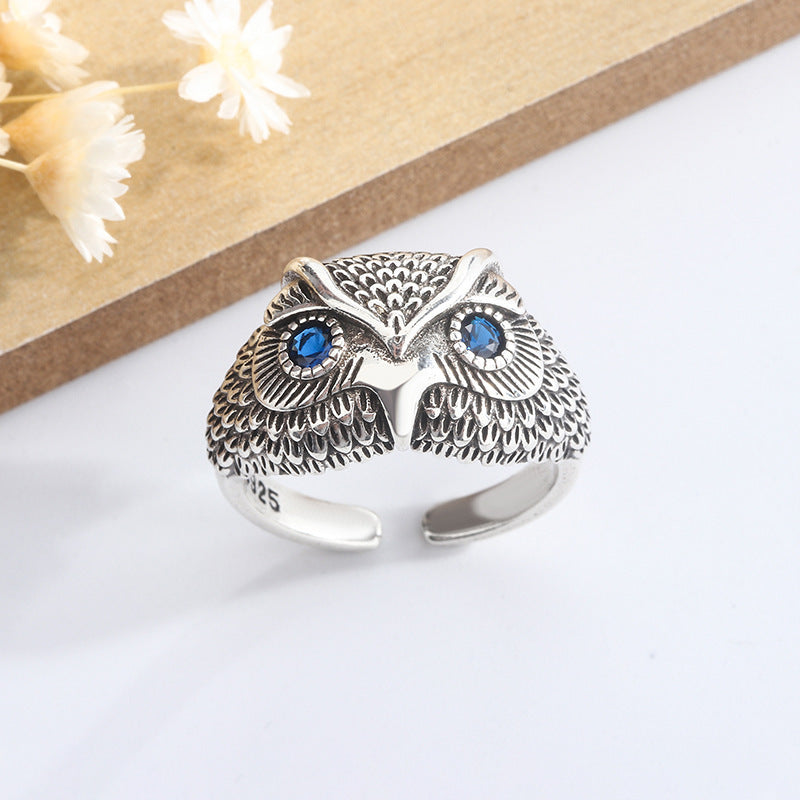 S925 Sterling Silver Owl Open Ring – Vintage Elegant Adjustable Ring for Women