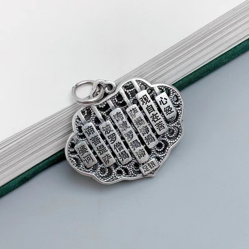 S925 Anemone Heart Sutra Necklace for Men and Women Painted Lang Lotus Ruyi Lock Pendant Vintage Clavicle Chain Tanabata Gift