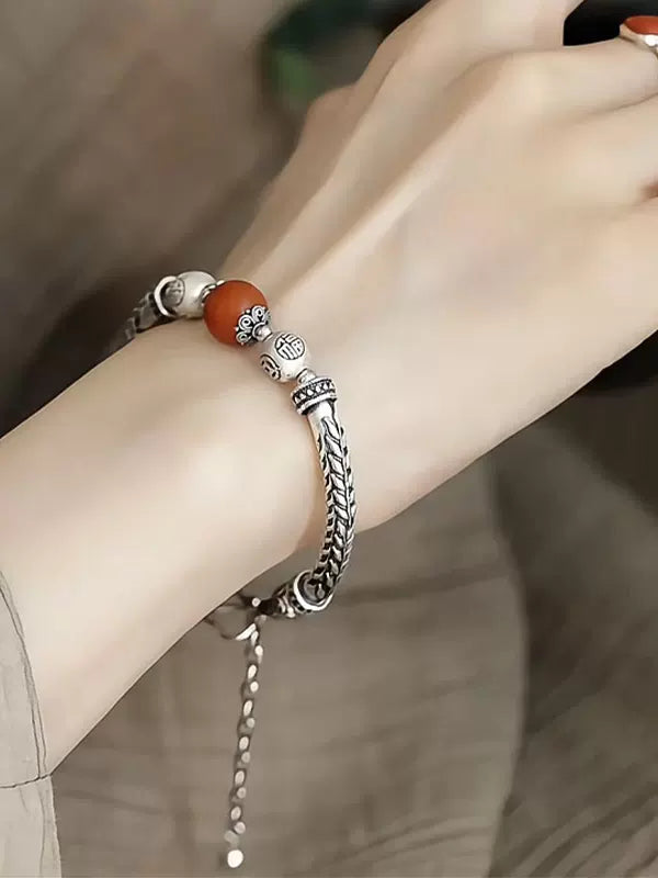 Vintage 925 Silver South Red Wheat Ear Bracelet, New Chinese Niche Curved Tube Copper Coin 'Fu' Beads, Sutra Text High-End Bracelet