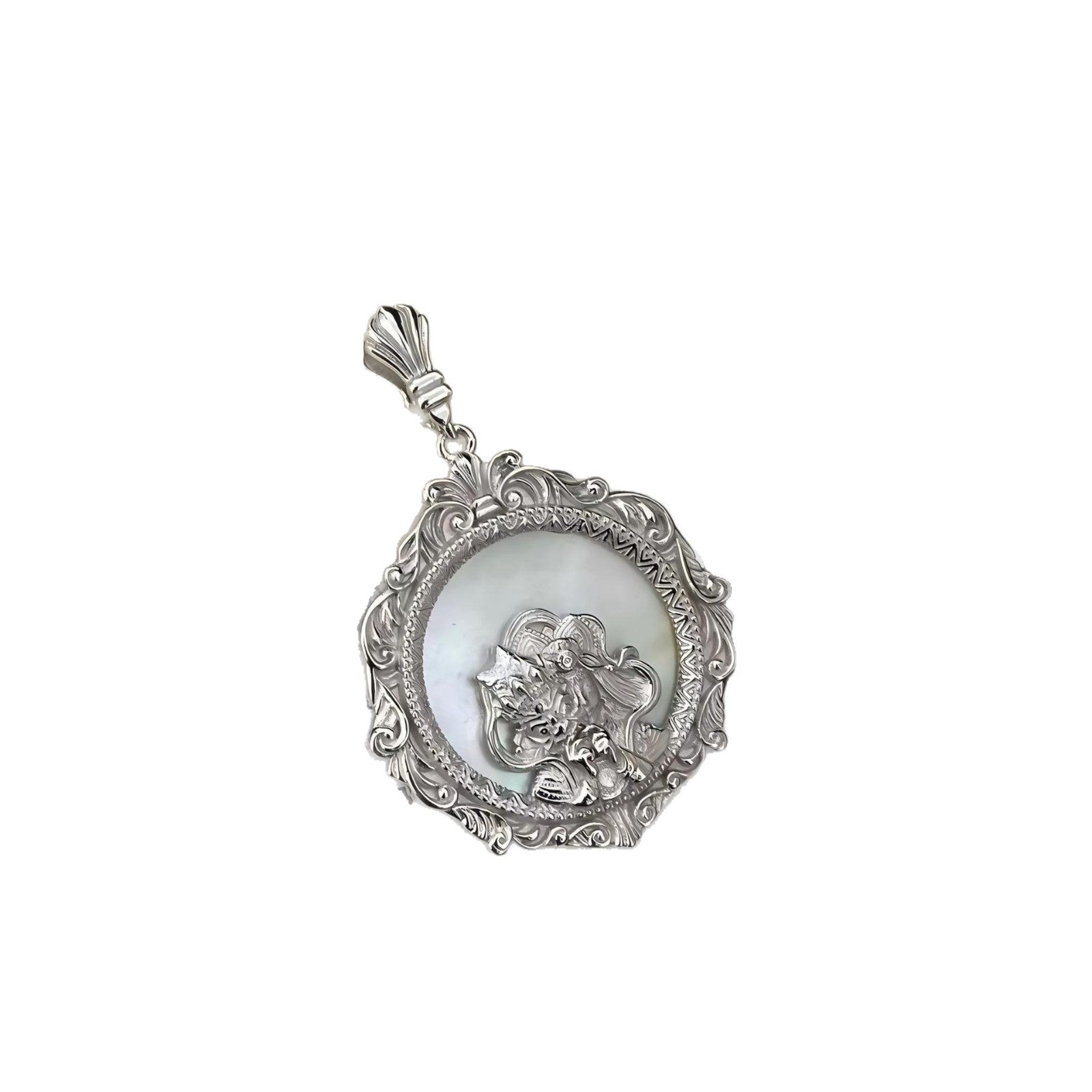 S925 pure silver white Bezakilam pendant, Tang grass pattern, ethnic style, fashionable and versatile, high-end sweater chain pendant