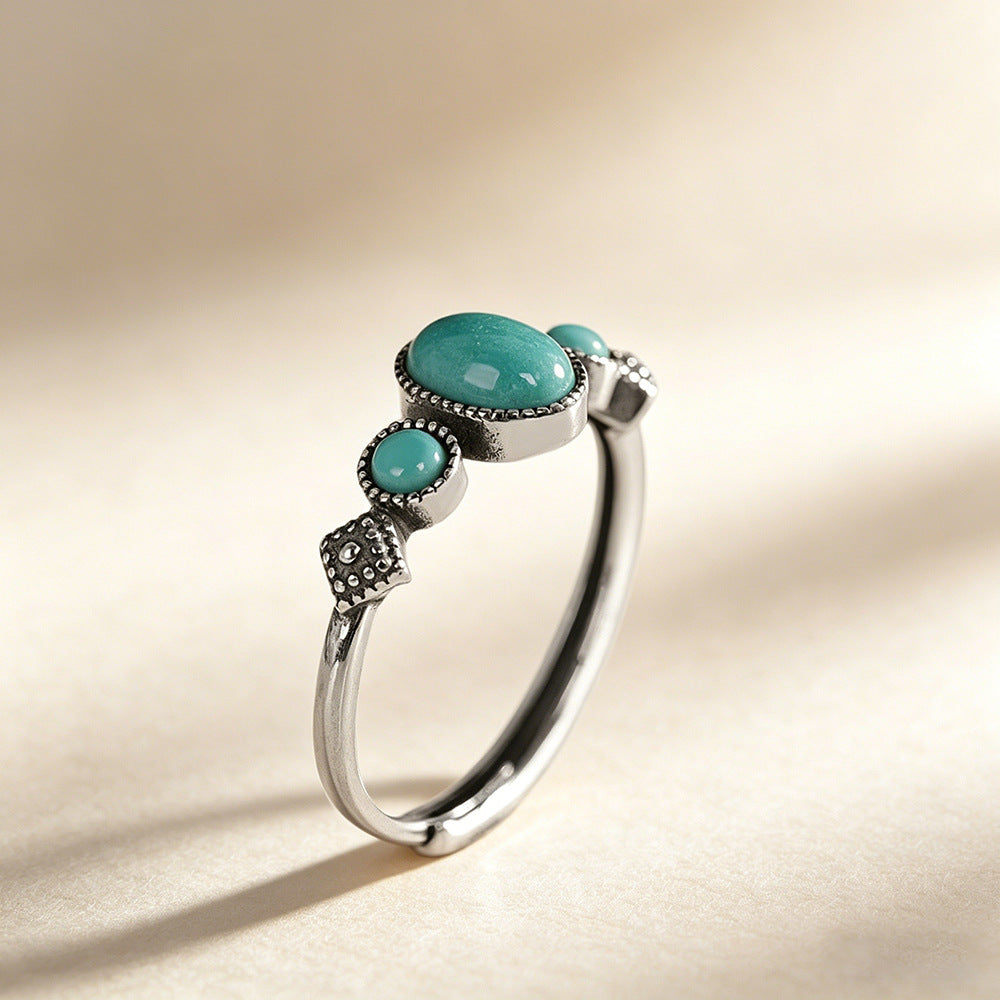 Repin Silver S925 Pure Silver Inlaid Cabochon Turquoise Ring Unique Women's Versatile Open Ring