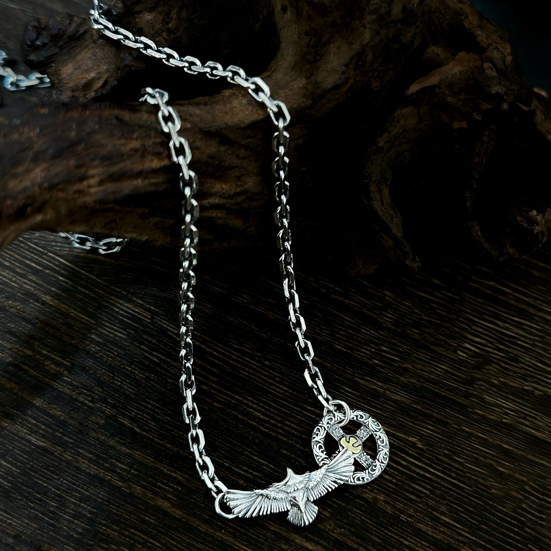 S925 sterling silver necklace, Tang grass cross wheel flying eagle and Tajiao neck, vintage trendy versatile unisex heavy-duty sweater chain