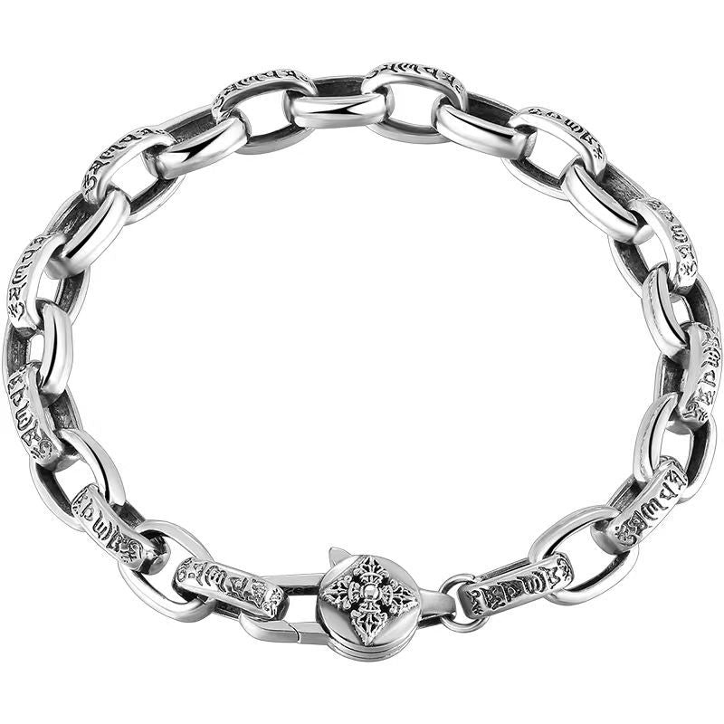 S925 sterling silver six-character mantra ethnic style bracelet men's trendy retro diamond demon pestle bracelet niche high-end sense
