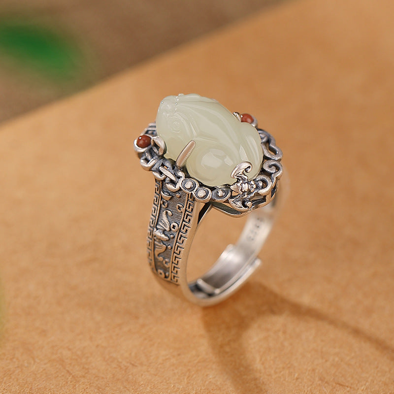 Yilu Silver S925 pure silver Hetian jade Pixiu ring, creative gift, vintage Chinese style design, niche silver ring