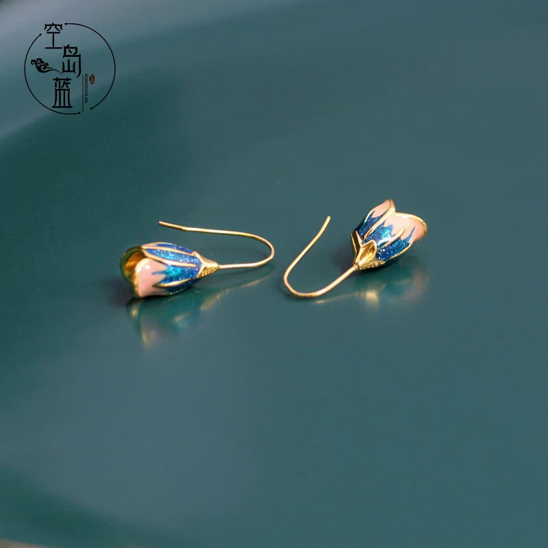 Sky Island Blue 925 Silver Simple Artistic Court Vintage Enamel Floral Earrings High-End Elegant Earrings for Women