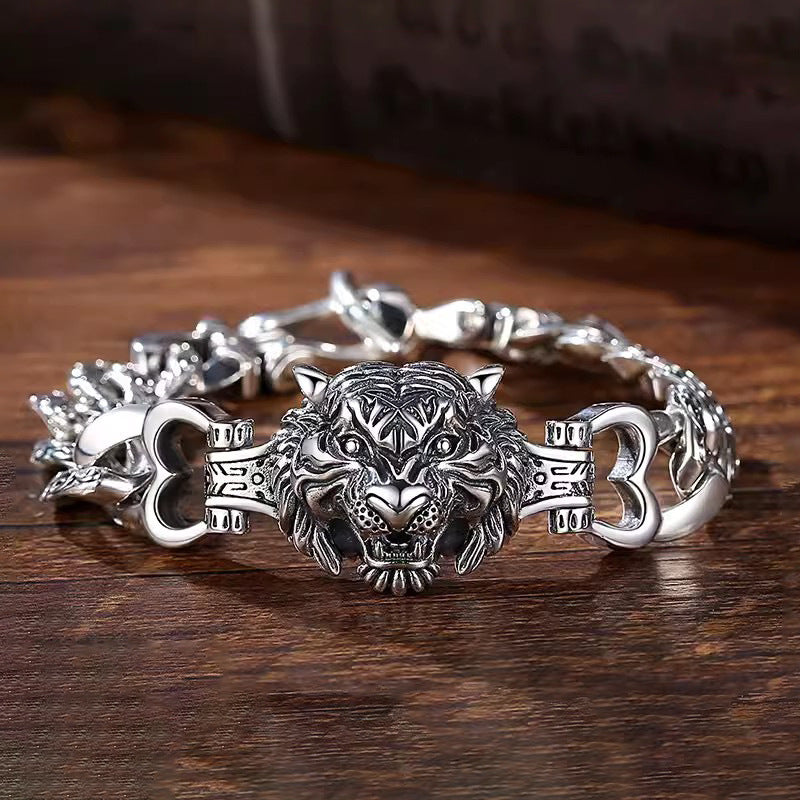 925 Sterling Silver Tiger Head Bracelet for Men – Bold Statement Style