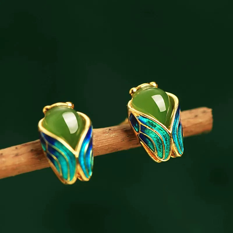 925 silver vintage new Chinese style ear cicada motif, Hetian jasper gold cicada earrings, enamel colorful ear accessories, niche design