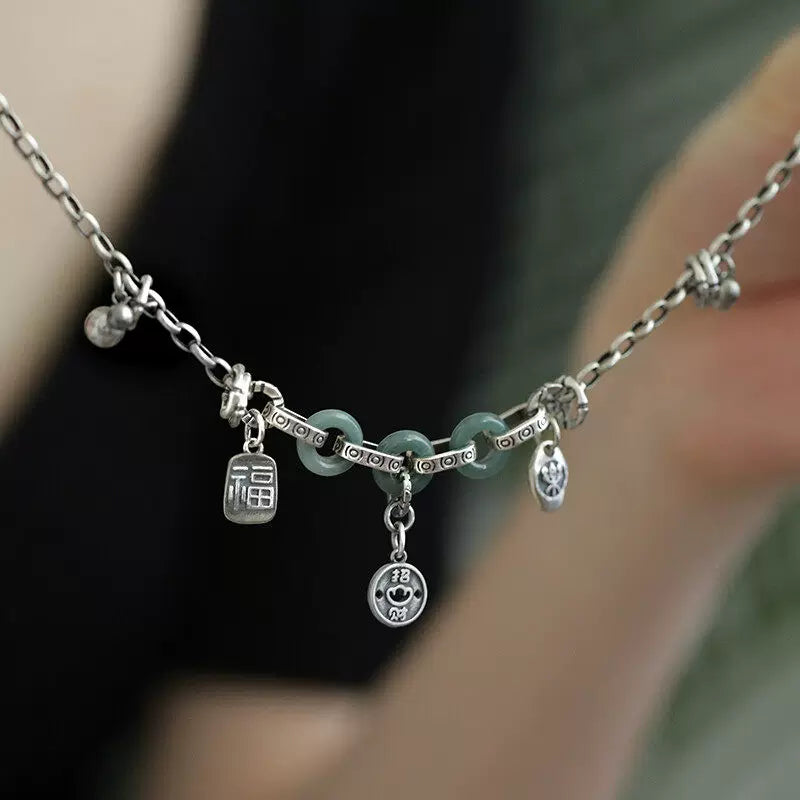 925 silver jade safety buckle joy luck brand anklet women's simple old versatile niche design high-end sense