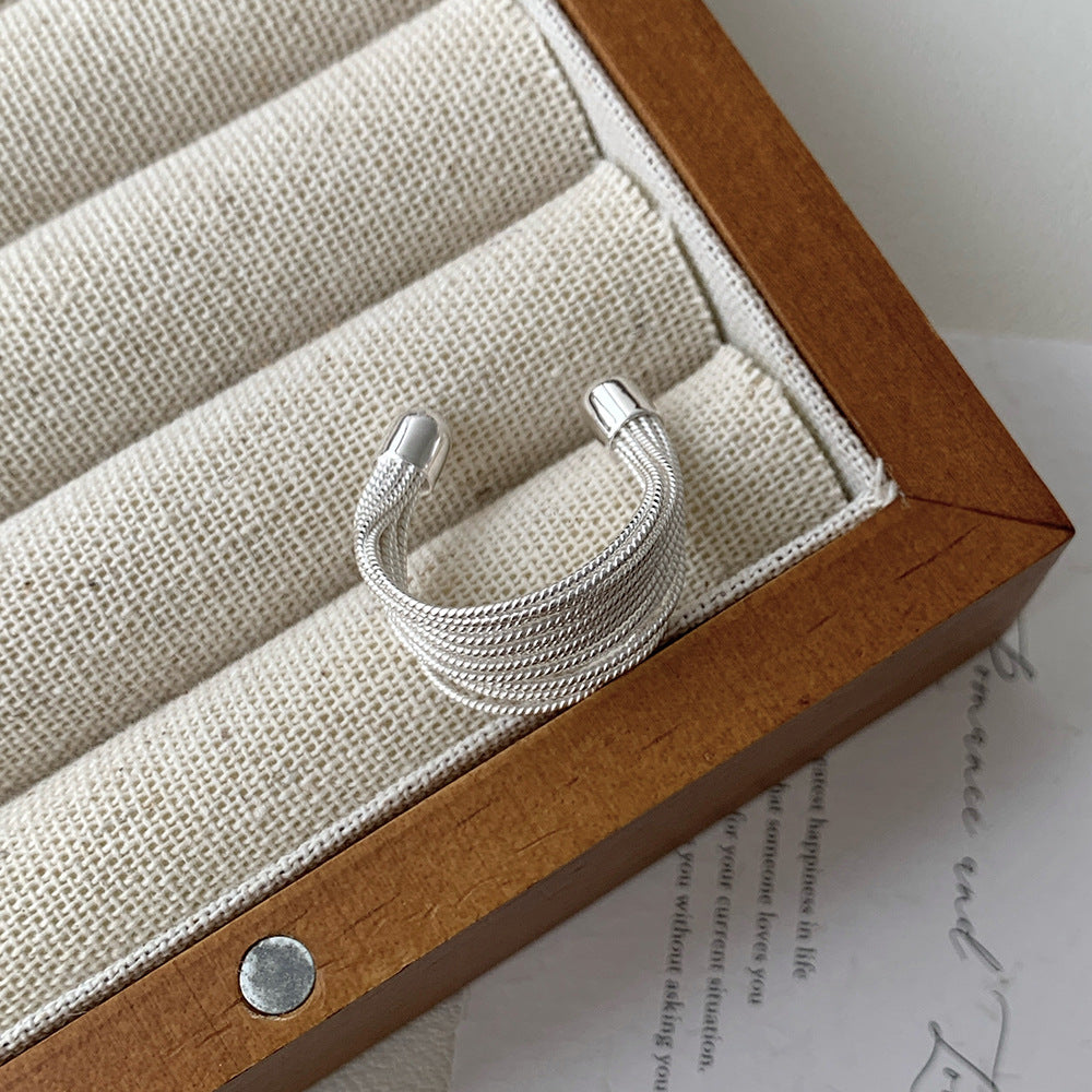 Korean version of jewelry all-over S925 sterling silver handmade geometric multi-layer line ring women's simple cold style index ring