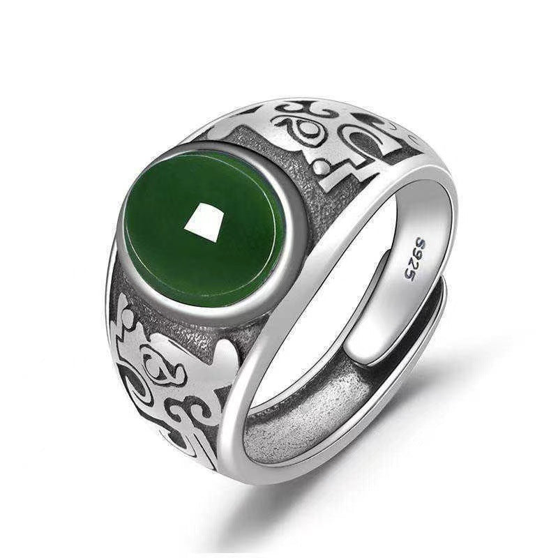 Natural Hetian jasper jade men's S925 silver ring retro emerald ring men's live mouth jade color finger