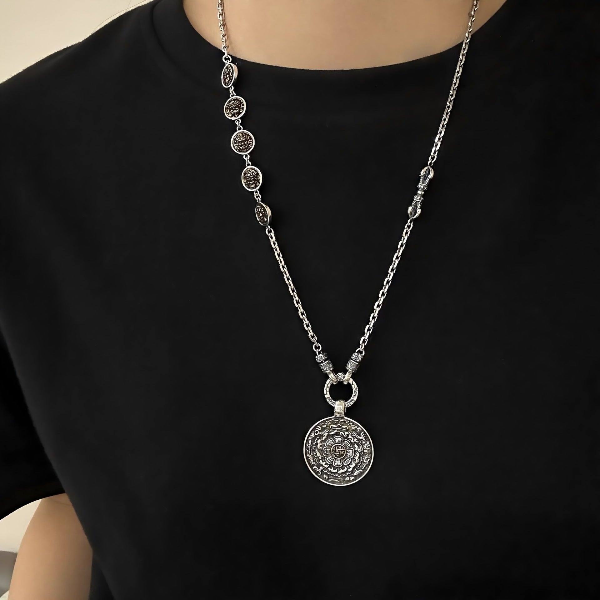 S925 pure silver Tibetan vintage Chinese style five-way God of Wealth pendant universal chain versatile necklace men's and women's sweater chains