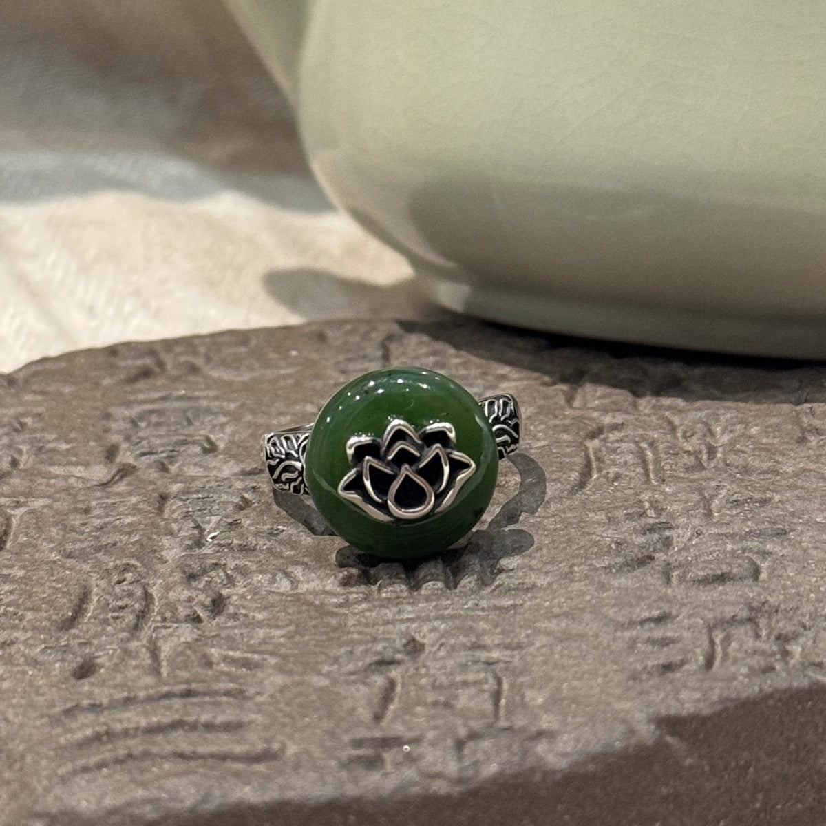 925 Silver Vintage New Chinese Lotus Hetian Jade Peace Buckle Ring Opening Adjusts Niche Versatility