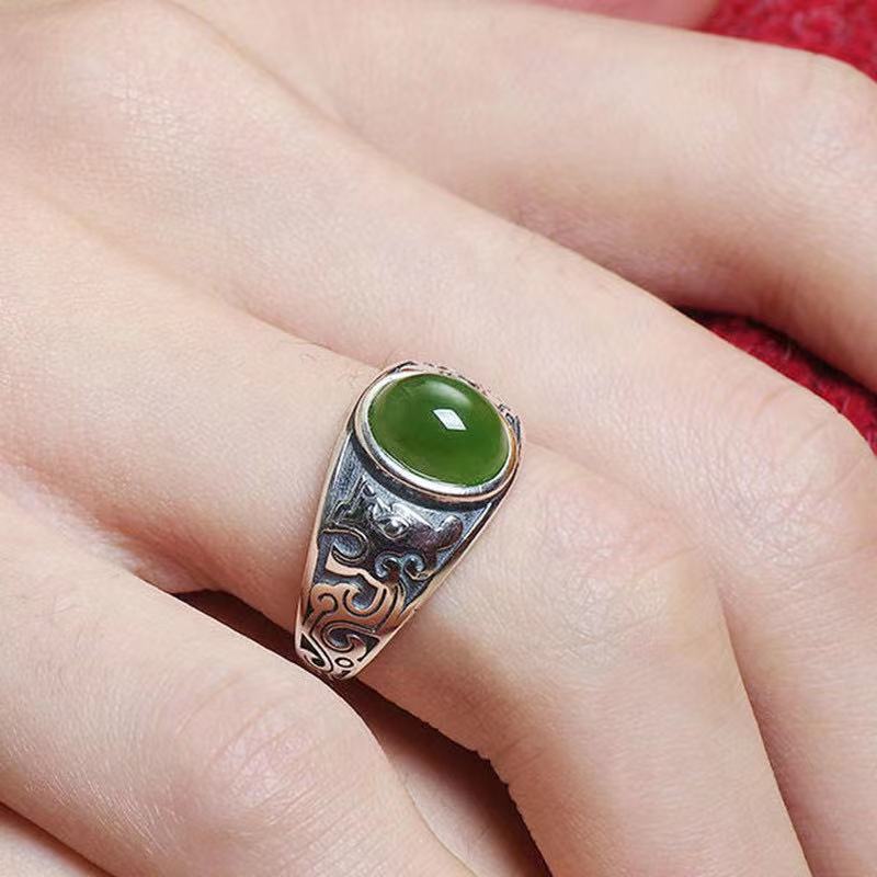 Natural Hetian jasper jade men's S925 silver ring retro emerald ring men's live mouth jade color finger