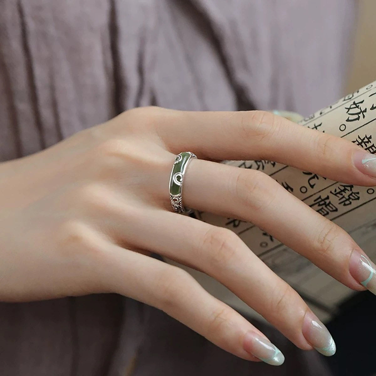 925 silver retro new Chinese style arabesque pattern hollow half-curved ring ring opening adjusts the women's ethnic style