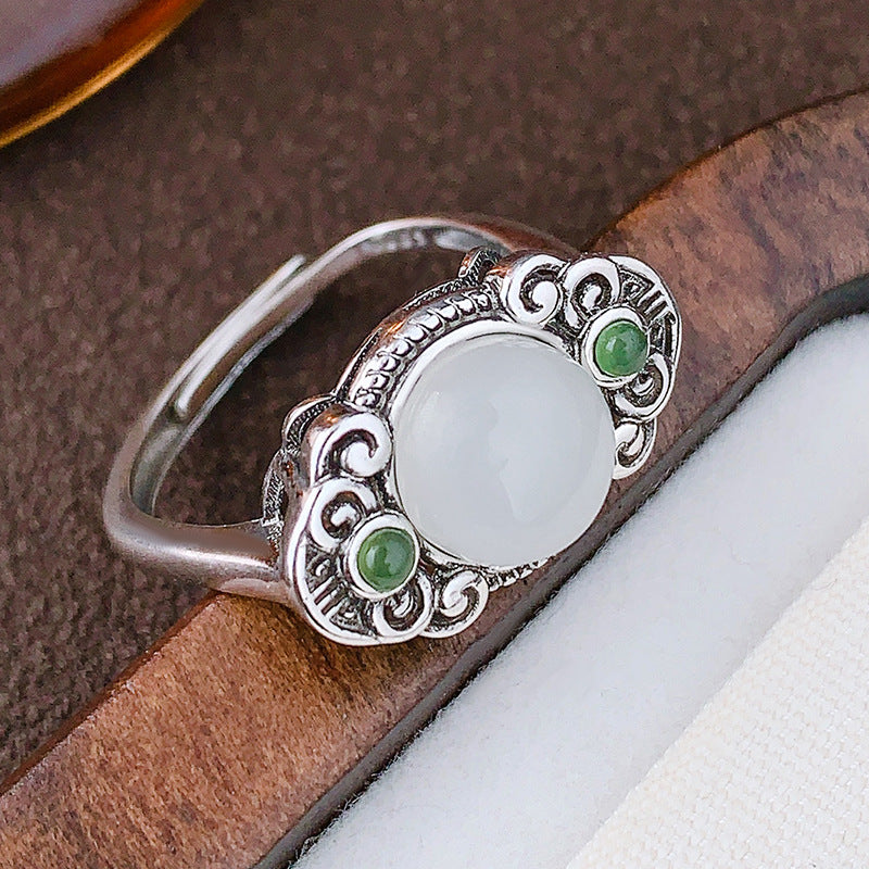 Yinyun S925 silver-inlaid natural Hetian jade, jade, southern red agate, ruyi round new Chinese-style ring