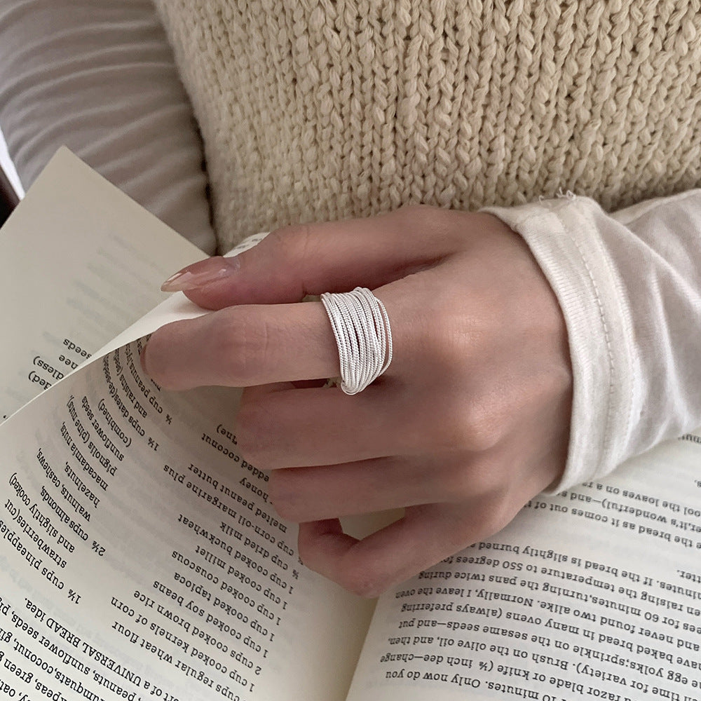 Korean version of jewelry all-over S925 sterling silver handmade geometric multi-layer line ring women's simple cold style index ring