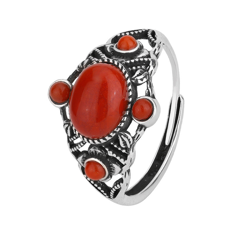 S925 Silver Turquoise & Red Agate Ring – Vintage Ethnic Open Design