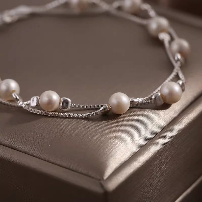 925 pure silver natural pearl double-layer bracelet for women, Korean versatile INS premium stackable bracelet round bead bracelet