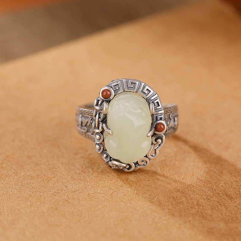 Yilu Silver S925 pure silver Hetian jade Pixiu ring, creative gift, vintage Chinese style design, niche silver ring