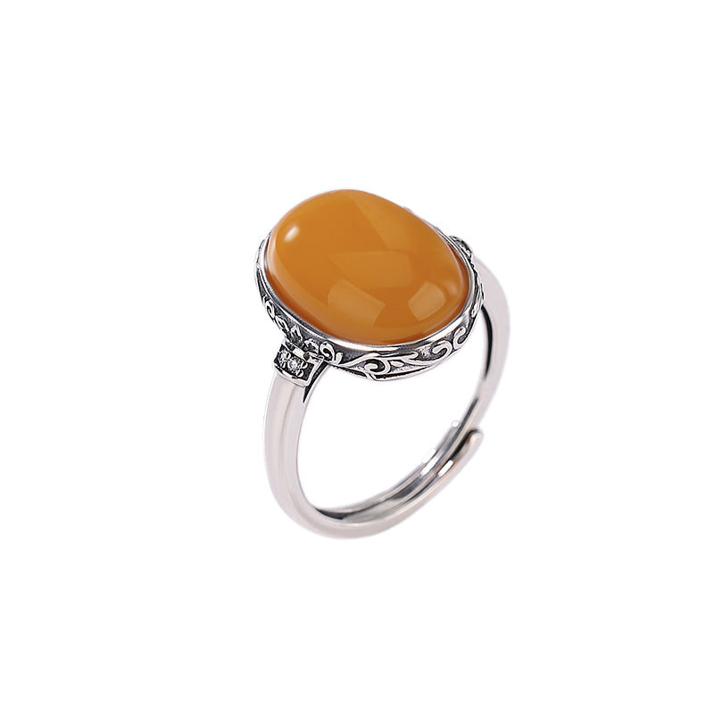 Yilu silver S925 sterling silver beeswax pattern cabochon ring retro distressed ethnic style accessories personality niche ring
