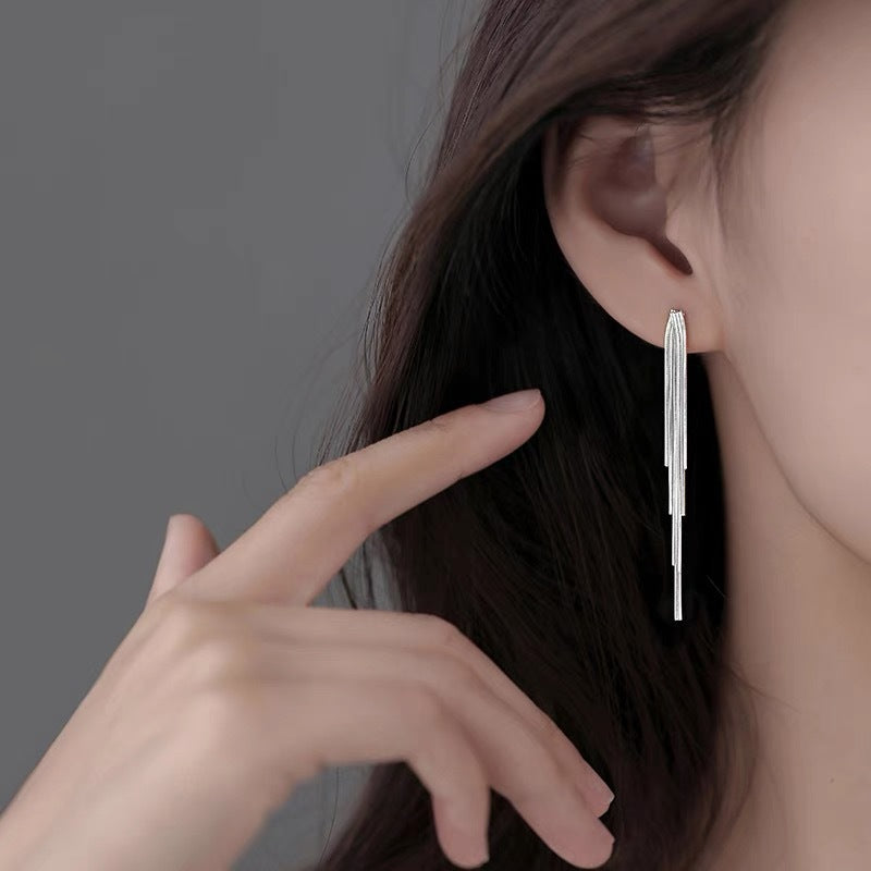 Fangxing S925 sterling silver new trendy line earrings, niche design with tassel studs, women's light luxury high-end earrings