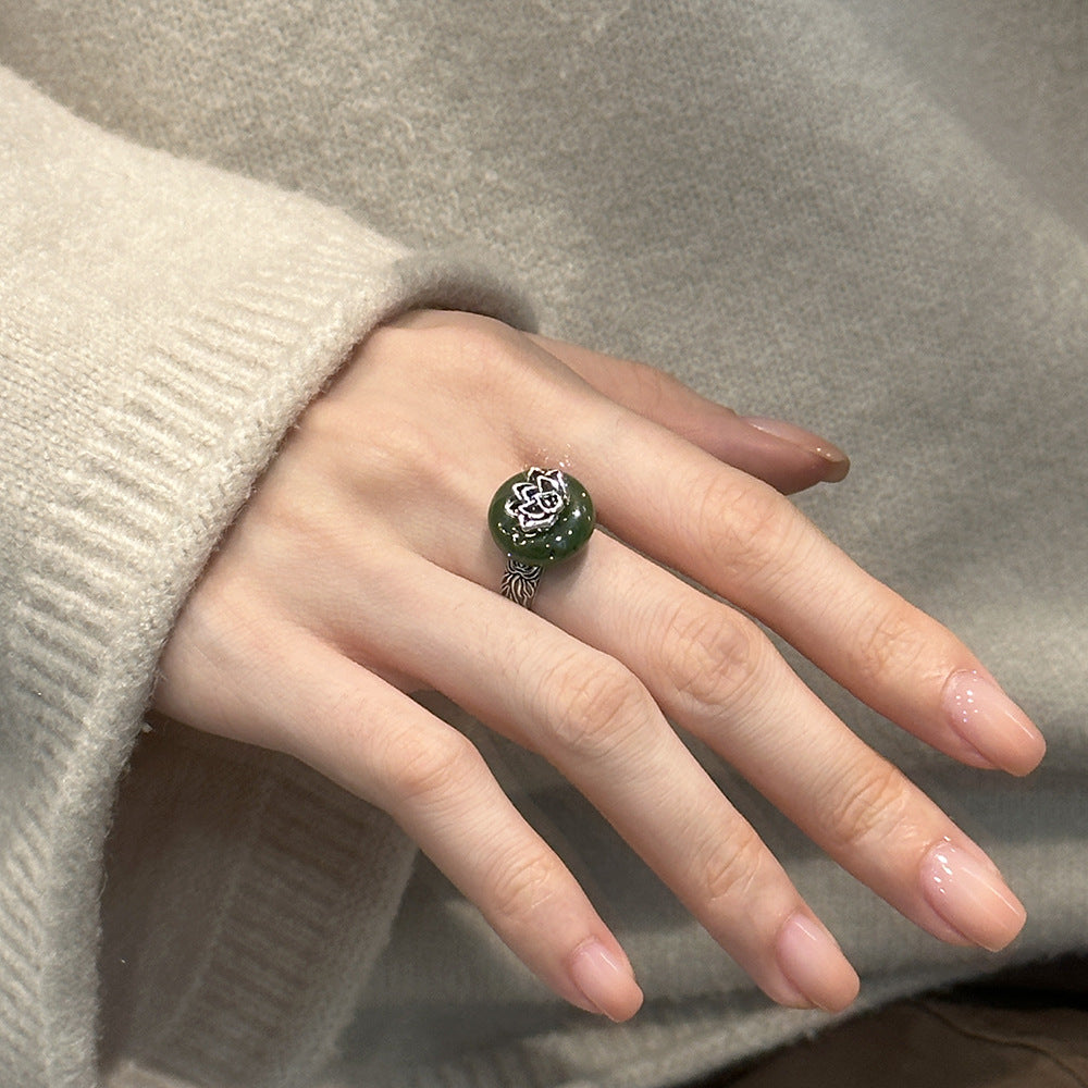 925 Silver Vintage New Chinese Lotus Hetian Jade Peace Buckle Ring Opening Adjusts Niche Versatility