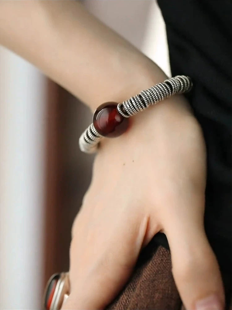 925 silver blood amber hoop bracelet women's ethnic style retro distressed six-character mantra niche design high-end sense bracelet