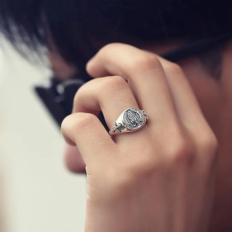 S925 Sterling Silver New Prayer Hand Ring Men's Trendy Personality Creative Retro Fashion Gift Boyfriend Open Ring