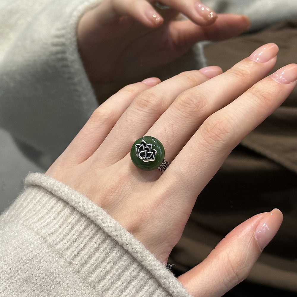 925 Silver Vintage New Chinese Lotus Hetian Jade Peace Buckle Ring Opening Adjusts Niche Versatility