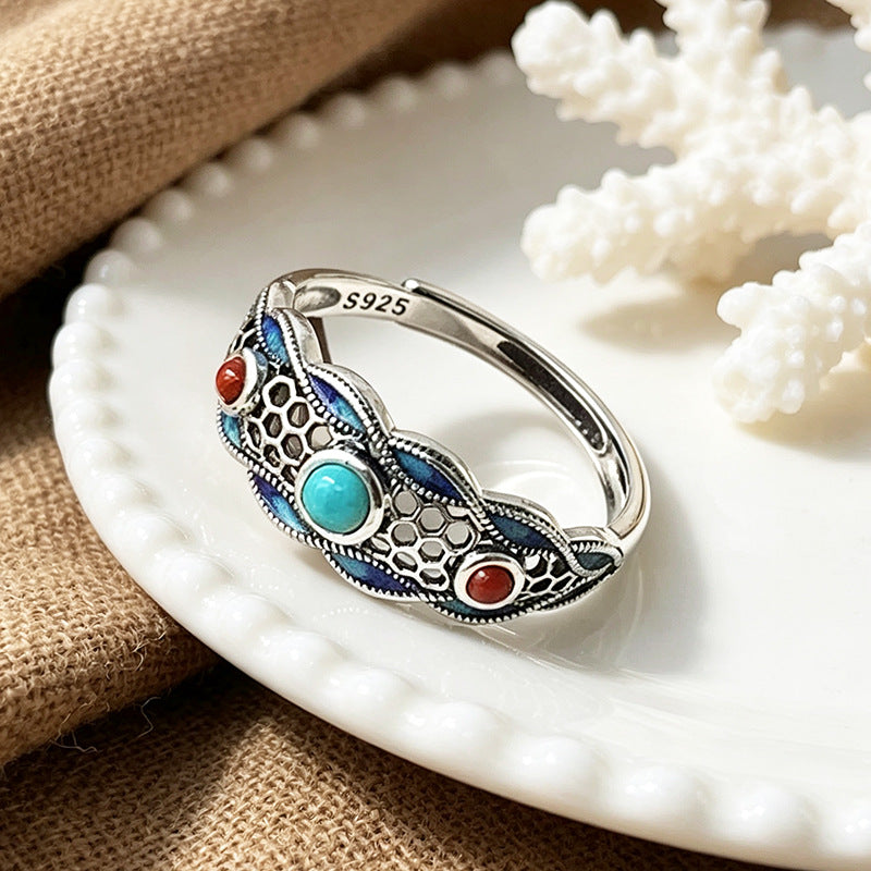 Yunchaoxuan Cross-border New S925 Pure Silver Turquoise South Red Ring for Women, Vintage Artistic Design Sensibility INS Factory