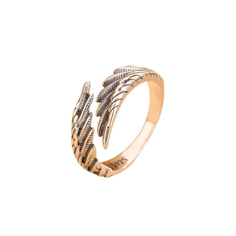 S925 Silver Korean Retro Angel Wing Ring, Simple and Niche Design, Versatile Wing Feather Index Finger Ring