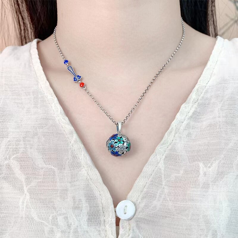 S925 Silver Round Cloisonné Hydrangea Necklace Women's Clavicle Chain National Style Pendant Ornament